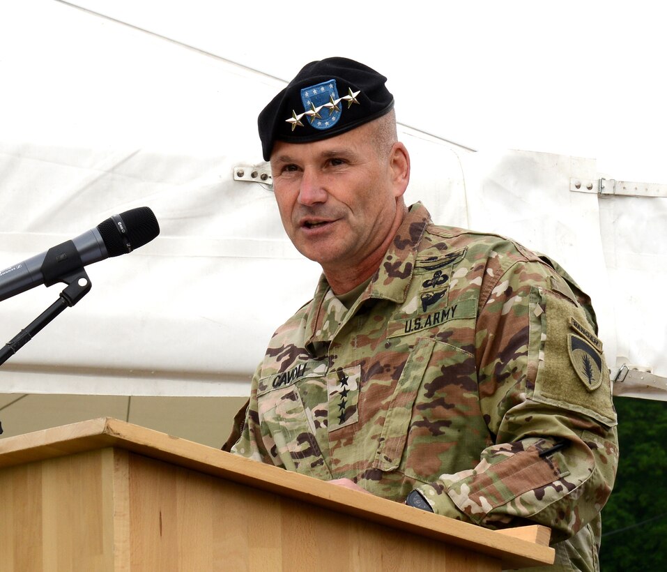 U.S. Army Gen. Christopher G. Cavoli, U.S. Army Europe & Africa commander delivers his remarks