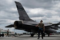 A U.S. Air Force F-16 Fighting Falcon assigned to the 157th Fighter Squadron, South Carolina Air National Guard, undergoes maintenance on the flight line during exercise Sentry Savannah 22-1 at the Air Dominance Center in Savannah, Georgia, May 11, 2022.