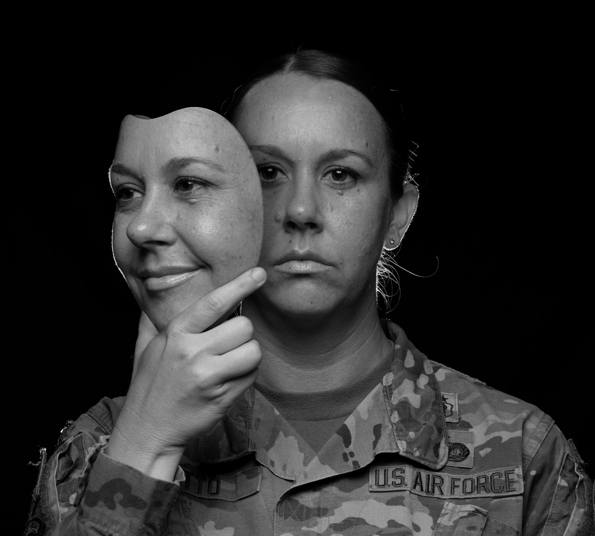 Masks are an everyday part of society, especially in the military. U.S. Air Force Capt. Crystal Ditto, Health Care Operations Squadron Mental Health element chief, said by peering behind individuals’ masks and getting to know their true selves, people have the best chance at providing the resources and help needed to promote resiliency. (U.S. Air Force illustration by Tech. Sgt. Maeson L. Elleman)