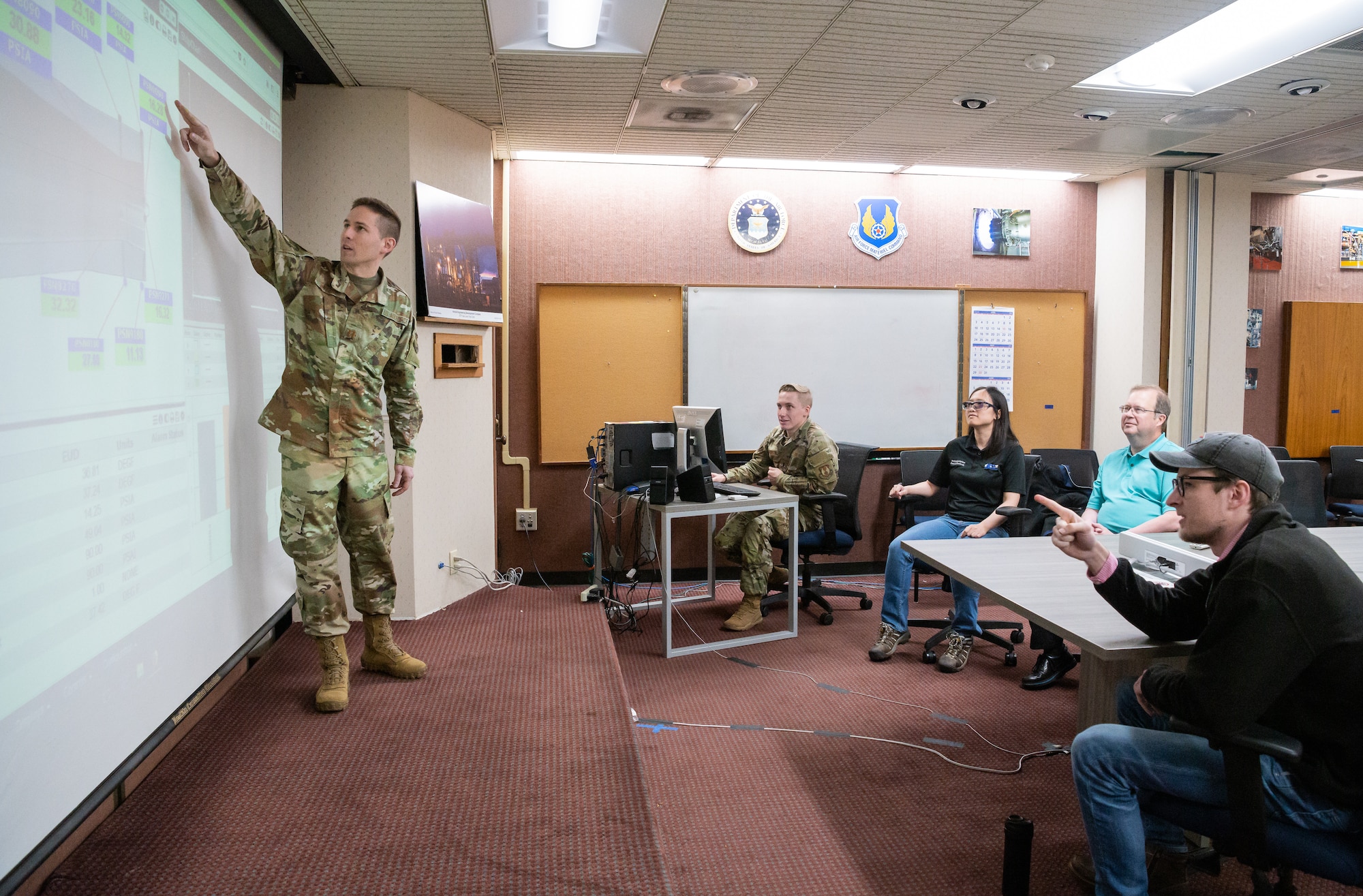 Airman pointing to screen as four other people look