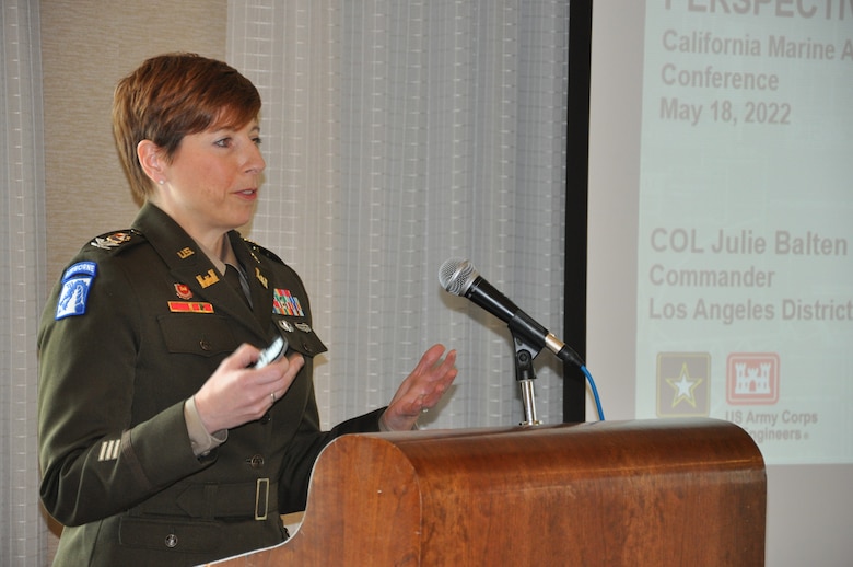 Col. Julie A. Balten, commander, US Army Corps of Engineers Los Angeles District, addresses the California Marine Affairs and Navigation Conference May 19, at San Pedro, California.
