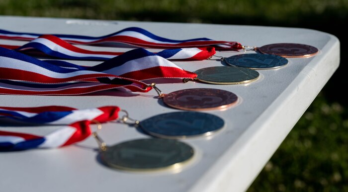 Medals sit on table