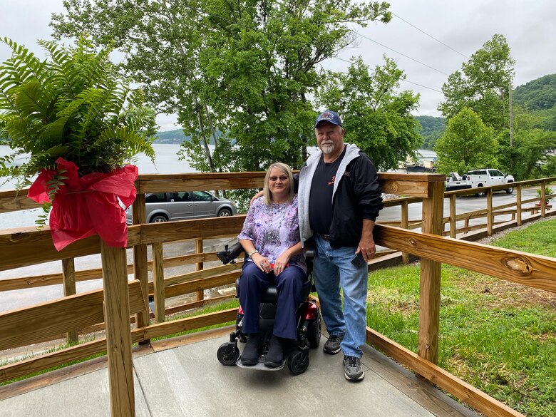 During the ribbon cutting ceremony on May 23, 2022, at Waitboro recreation area in Somerset, Kentucky, Sandy & Montie Stigall observe the new accessible shelter area. (USACE Photo by HEATHER KING)