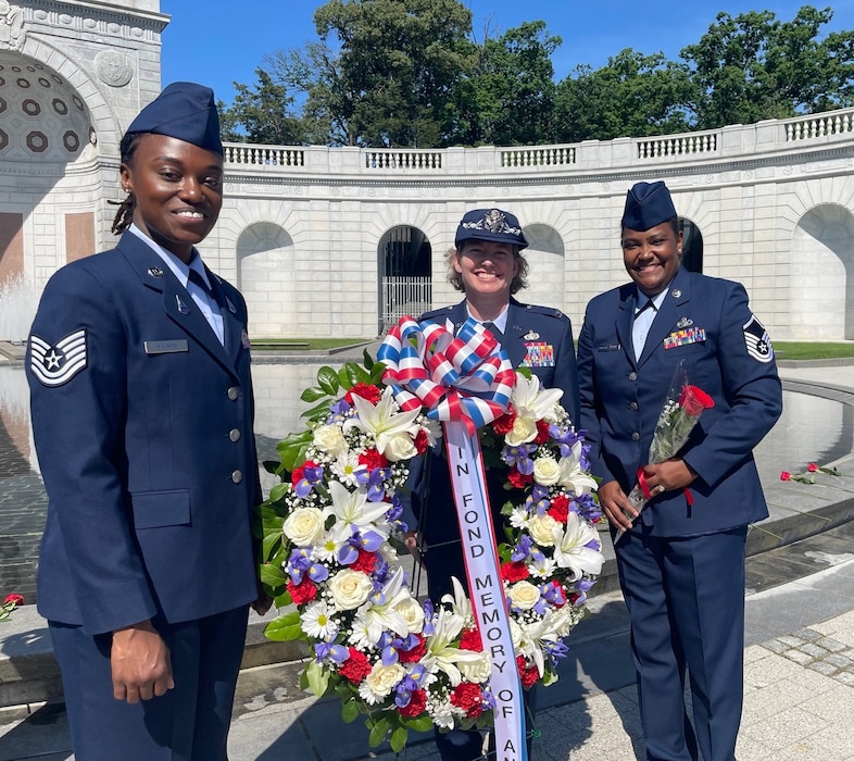 Office of Special Investigations Vice Commander, Col. Amy Bumgarner is joined by OSI Special Agent Eboni Briscoe-Jenkins, right, and U.S. Space Force Tech. Sgt. Terrielle Wilhite, for the 24th annual wreath laying ceremony at the Military Women's Memorial May 18, 2022. (Courtesy photo)