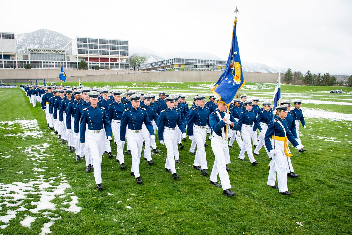 Cadets march during a ceremony.