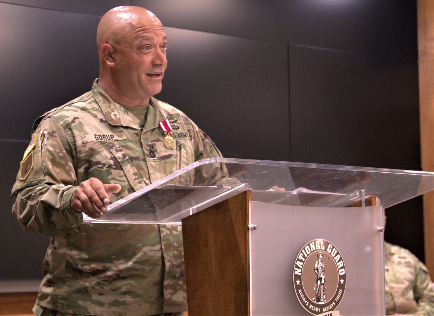 Illinois Army National Guard Sgt. 1st Class Anthony Gorup, the Noncommissioned Officer-Charge of the Illinois National Guard's Joint Operations Center, retired with almost 26 years of service on Sunday, May 15, during a ceremony on Camp Lincoln in Springfield.