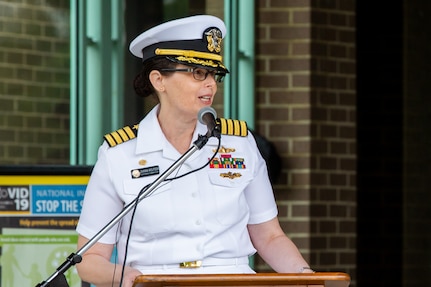 Norfolk Naval Shipyard Commander, Capt. Dianna Wolfson, provided opening remarks during the annual Memorial Day Fall-In for Colors May 25. “It’s important to remember those devoted heroes who lost their lives in defense of our Nation and honor those who had the discipline to willingly sacrifice their lives to protect their families, their community, and our country,” said Capt. Wolfson. “They had the responsibility to shoulder this burden with purpose and pride. They had the integrity to do what is right and honor their commitments to their dying breath.”