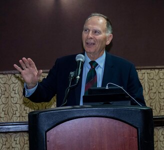 Former U.S. Congressman and retired major general Gen. William L. Enyart, who served as the 37th Adjutant General of Illinois, talks about the Illinois National Guard training the Ukrainian military in the 1990s during his keynote address at the annual National Guard Association of Illinois annual banquet and awards ceremony in Springfield, Illinois, May 20.