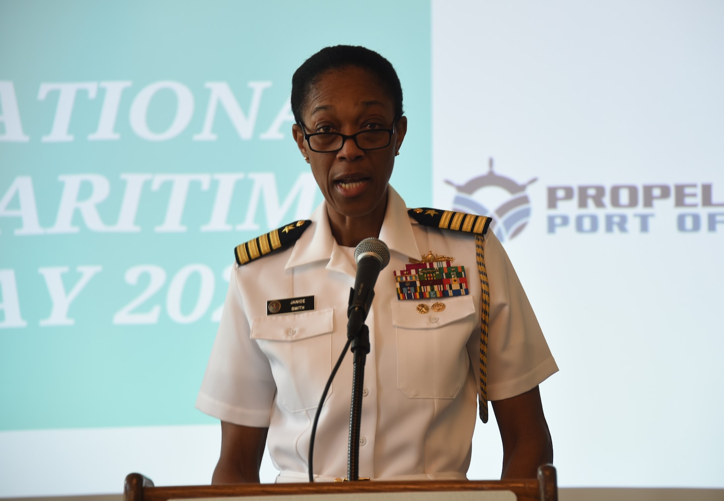Military Sealift Command Chief of Staff Capt. Janis C. Smith, address attendees at a celebration held in honor of National Maritime Day, May 19.