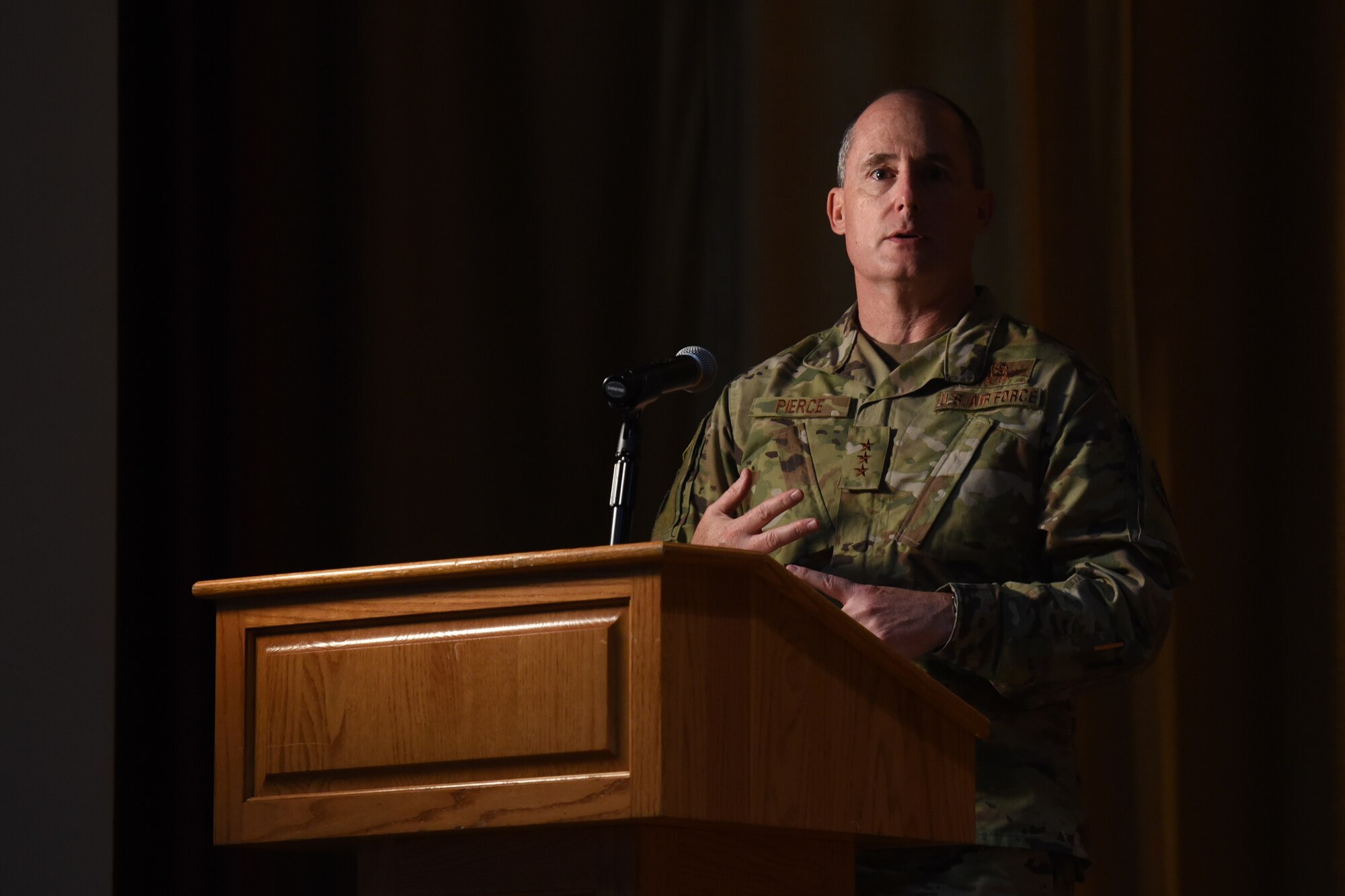 U.S. Air Force Lt. Gen. Kirk S. Pierce, commander of Continental U.S. North American Aerospace Defense Command Region and 1st Air Force (Air Forces Northern and Air Forces Space), speaks during the intelligence, surveillance, and reconnaissance professionals’ graduation ceremony, at Goodfellow Air Force Base, Texas, May 24, 2022. Pierce spoke to the graduates and empowered them to perform intelligence functions and activities to support the United States and allied forces. (U.S. Air Force photo by Senior Airman Abbey Rieves)