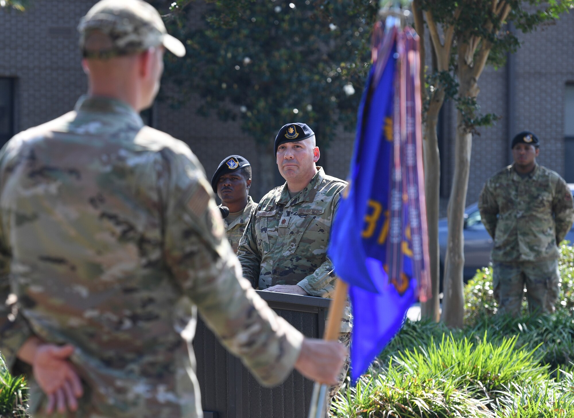 U.S. Air Force Maj. Richard Cordova, 81st Security Forces Squadron commander, delivers remarks during a retreat ceremony at Keesler Air Force Base, Mississippi, May 20, 2022. The ceremony, hosted by the 81st SFS, was the last of several events held in celebration of this year's Police Week. (U.S. Air Force photo by Kemberly Groue)