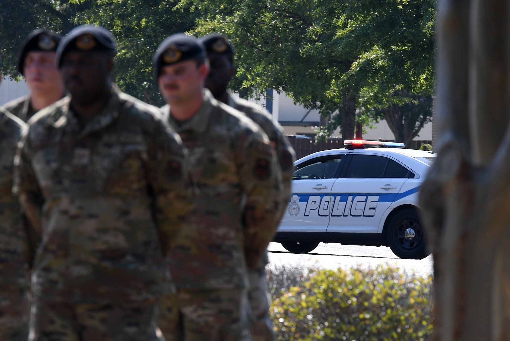 An 81st Security Forces Squadron police car is displayed during a retreat ceremony at Keesler Air Force Base, Mississippi, May 20, 2022. The ceremony, hosted by the 81st SFS, was the last of several events held in celebration of this year's Police Week. (U.S. Air Force photo by Kemberly Groue)