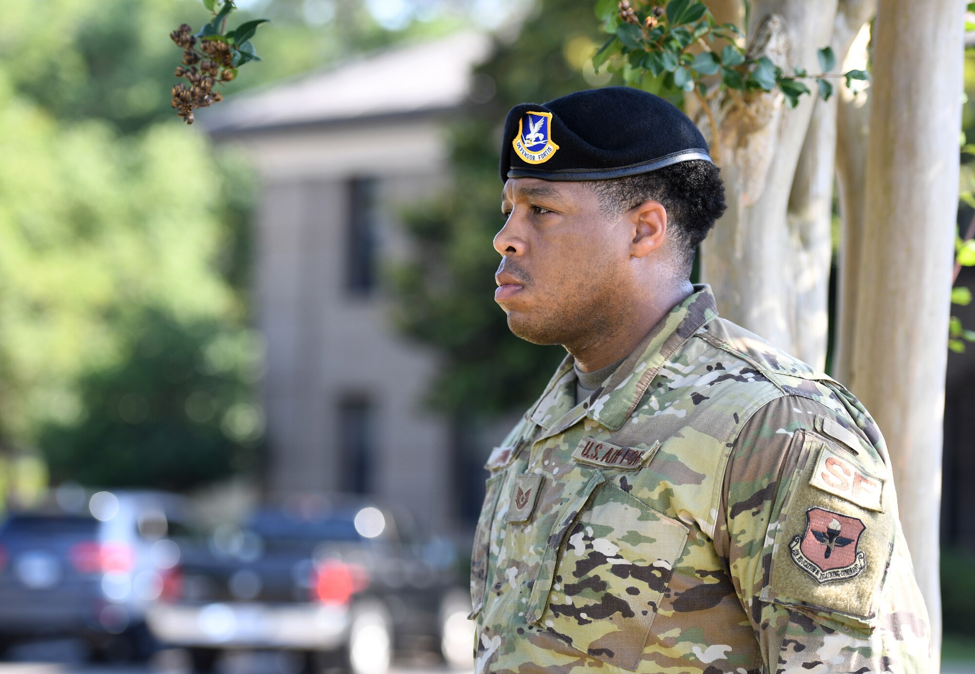 U.S. Air Force Tech. Sgt. Perry Sinclair, 81st Security Forces Squadron flight chief, attends a retreat ceremony at Keesler Air Force Base, Mississippi, May 20, 2022. The ceremony, hosted by the 81st SFS, was the last of several events held in celebration of this year's Police Week. (U.S. Air Force photo by Kemberly Groue)