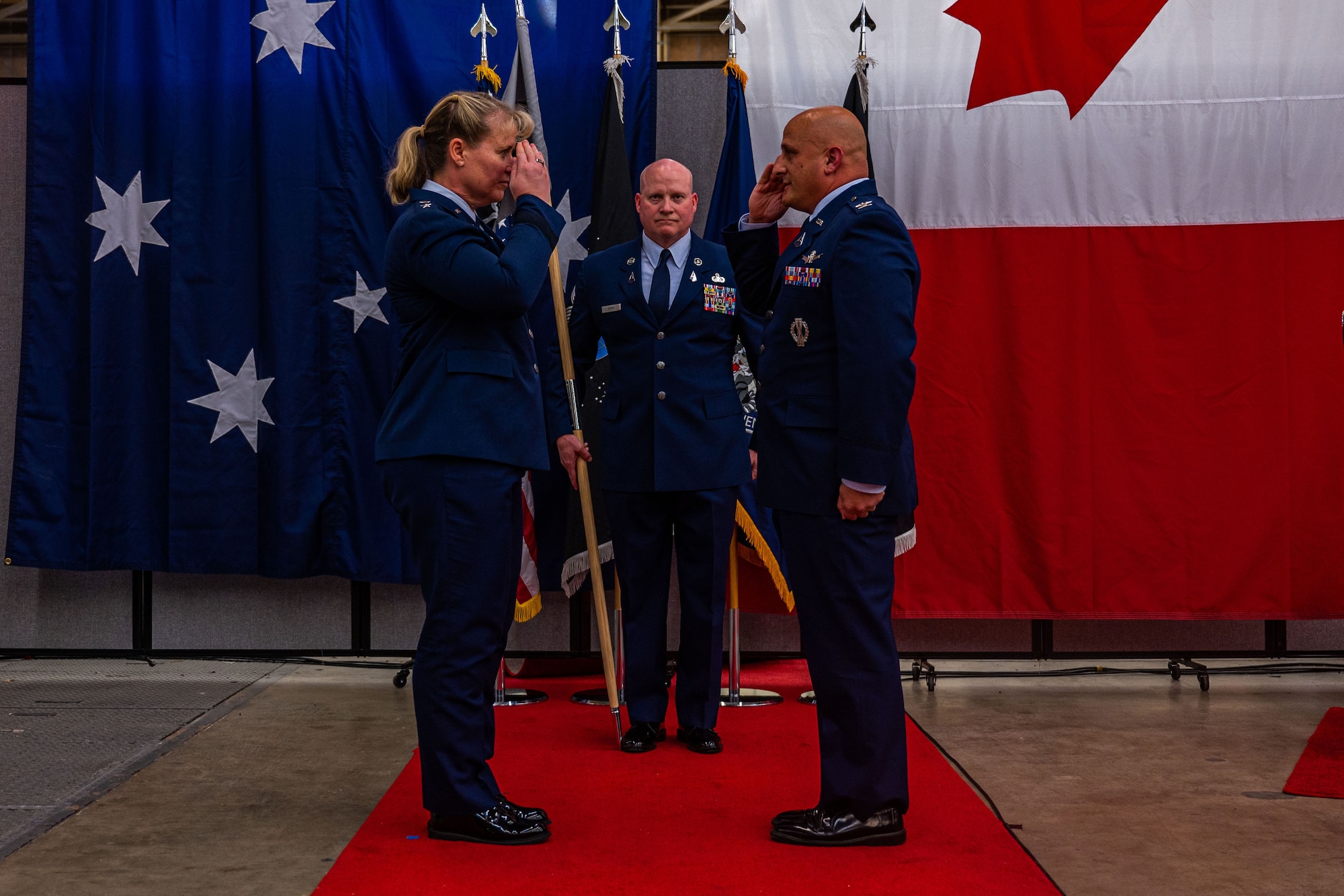 Col. Phillip Verroco, right, the newly appointed Space Delta 5 (DEL 5) commander and Combined Space Operations Center (CSpOC) director, renders his first salute in his new role to U.S. Space Force Maj. Gen. DeAnna Burt, Combined Force Space Component Command (CFSCC) commander and Space Operations Command (SpOC) vice commander, during the DEL 5 change of command ceremony at Vandenberg Space Force Base, Calif., May 24, 2022. Previously, Verroco served as DEL 5’s deputy director. (U.S. Space Force photo by Tech. Sgt. Luke Kitterman)