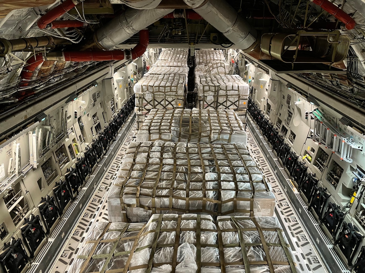 A U.S. Air Force C-17 Globemaster III loaded with 78,000 pounds of infant formula bound for Indianapolis International Airport, Indiana, May 22, 2022. U.S. Transportation Command expeditiously coordinated across federal agencies, including the Departments of Agriculture and Health and Human Services and the Food and Drug Administration, to support U.S. President Joe Biden’s direction to conduct Operation Fly Formula. The mission was executed with urgency and safety by 521st Air Mobility Operations Wing Airmen stationed on Ramstein Air Base, Germany, and a Total Force aircrew stationed at Joint Base Pearl Harbor-Hickam, Hawaii, currently staged at Ramstein AB. (U.S. Air Force photo by 1st Lt. Emma Quirk)