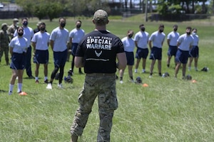 U.S. Air Force Master Sgt. James Robison, 330th Recruiting Squadron recruiter, provides instruction to cadets from Air Force ROTC Detachment 756 in Mayaguez, Puerto Rico.