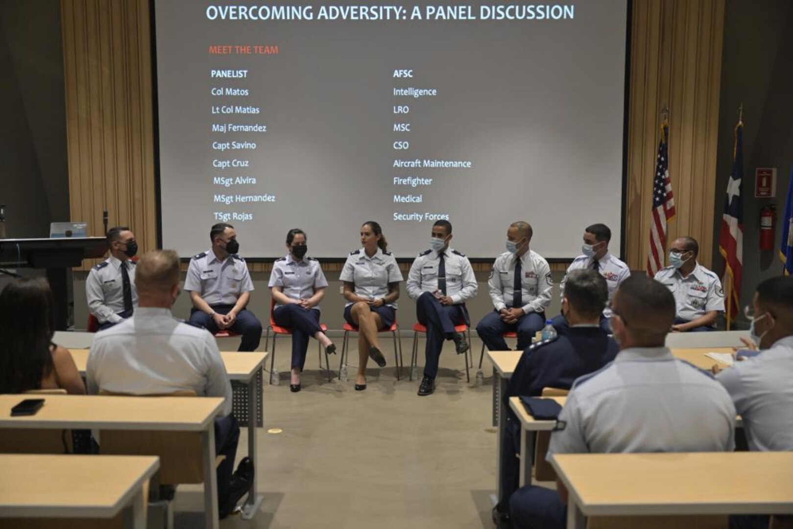 Personnel from Air Force Recruiting Service Detachment 1 address cadets in attendance of the Project Blue Helix diversity panel in San Juan, Puerto Rico May 6, 2022.