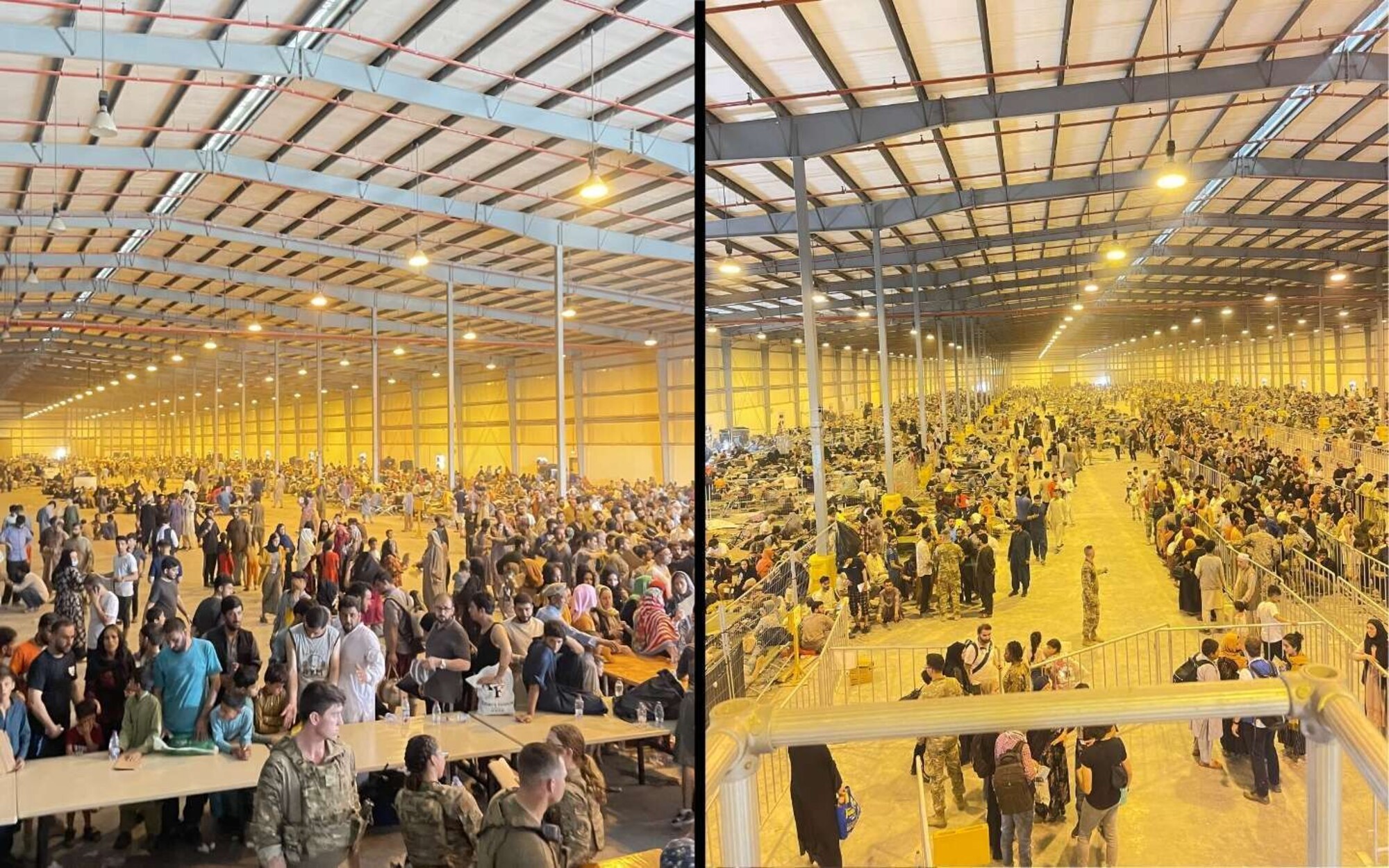 A graphic showcasing when U.S. Air Force Senior Master Sgt. Byron Ball, 97th Civil Engineer Squadron deputy fire chief, first arrived (right) at Al Udeid Air Base, Qatar, and during his time there (left). During his support Operation Allies Refuge, Ball led the daily operations of the largest operating location by directing 200 personnel with the arrival, screening, housing, feeding and clothing of 10,000 total evacuees and reunited 145 refugee families. (U.S. Air Force graphic by Airman 1st Class Trenton Jancze)