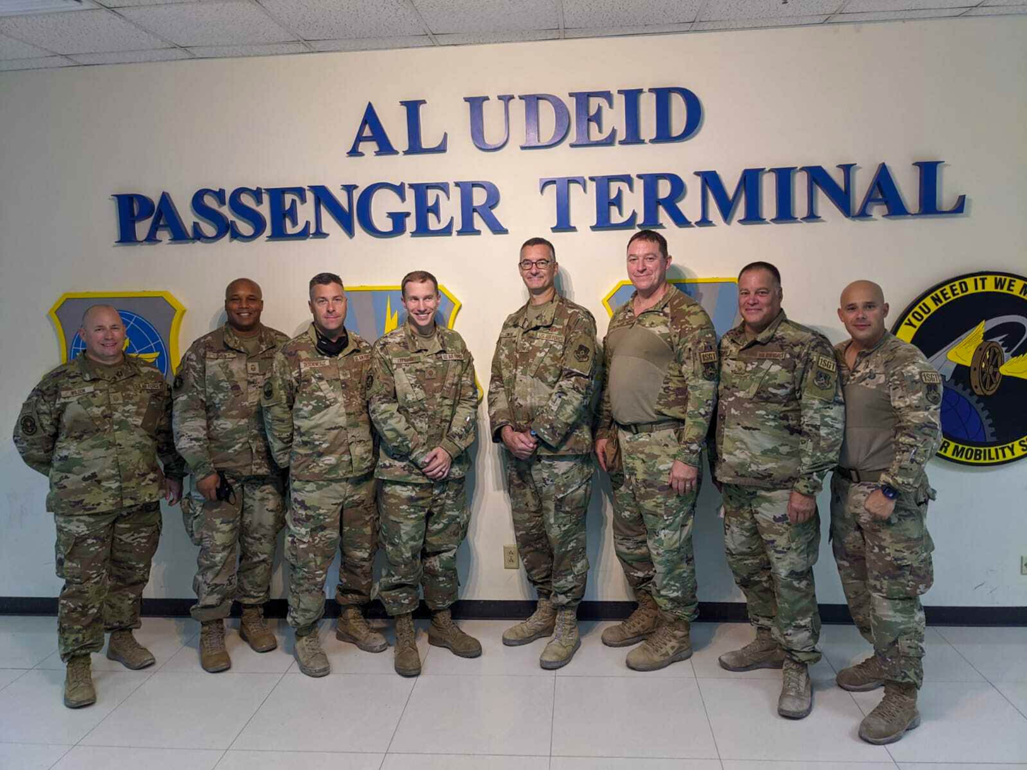 U.S. Air Force Senior Master Sgt. Byron Ball, 97th Civil Engineer Squadron deputy fire chief, and other first sergeants pose for a photo at Al Udeid Air Base, Qatar, during Operation Allies Refuge. While at Al Udeid Air Base, the first sergeants helped with the health and welfare of over 1,000 personnel and 60,000 refugees across nine operating locations. (U.S. Air Force courtesy photo by Senior Master Sgt. Byron Ball)