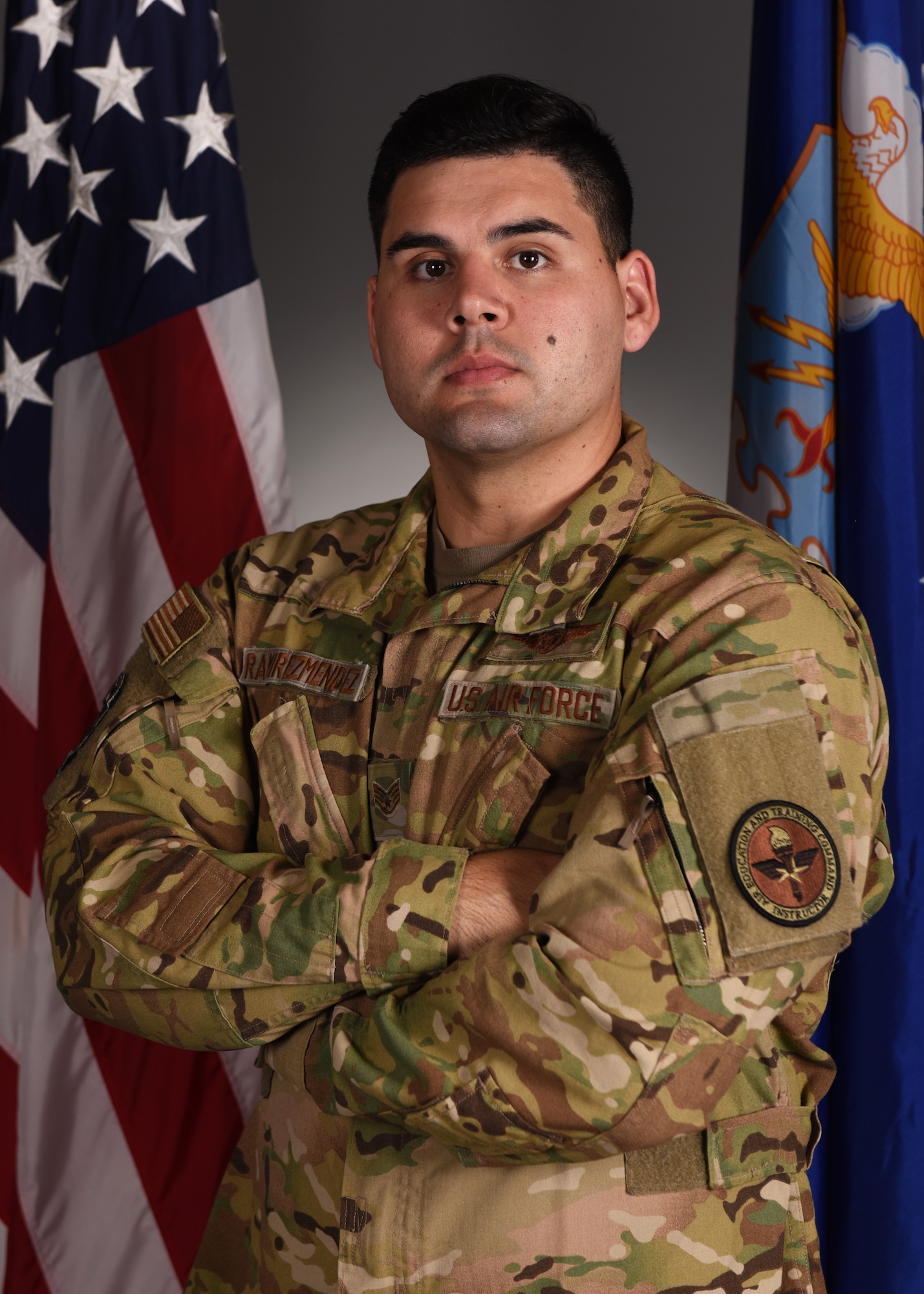 U.S. Air Force Staff Sgt. Ramon Ramirez-Mendez, 316th Training Squadron instructor, poses for a photo at Goodfellow Air Force Base, Texas, May 23, 2022. Ramirez-Mendez participated in the Doolittle Scholarship Program, a community partnership between Goodfellow and Angelo State University, which supports the professional development of instructors on base. (U.S. Air Force photo by Senior Airman Ethan Sherwood)