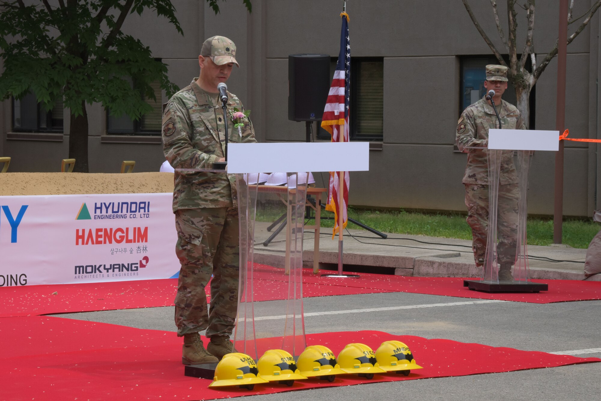 Lt. Col. Michael Williams, 51st Communications Squadron commander, gives an honorary speech during the 51st Communications Squadron Headquarters Consolidation Facility Groundbreaking Ceremony at Osan Air Base, 25 May, 2022.