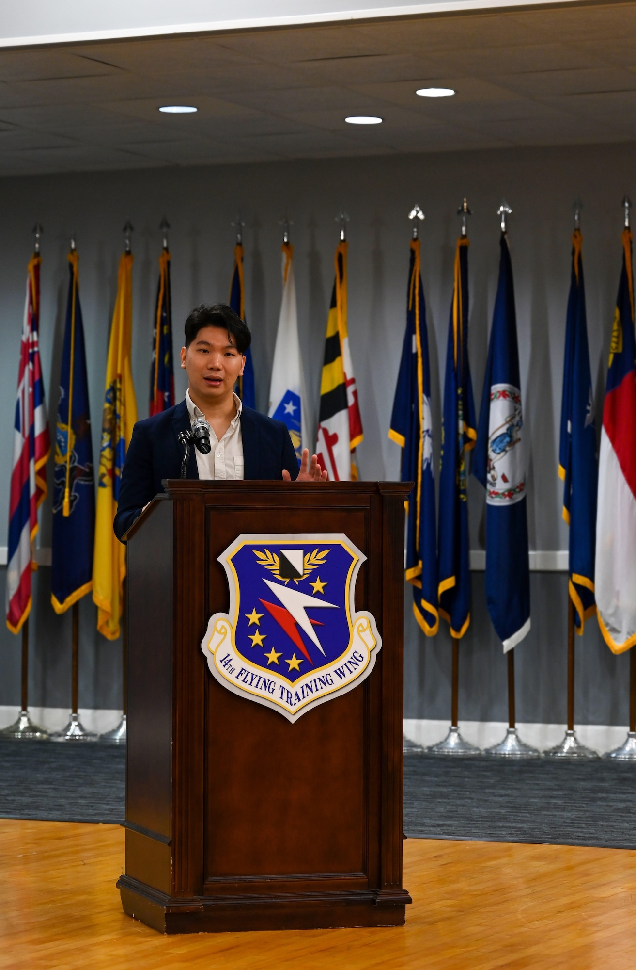 Dr. Anthony Pham, Mississippi University for Women professor of Science and Mathematics, speaks at the Asian American and Pacific Islander Heritage Month Observance on May 19, 2022, at Columbus Air Force Base, Miss. Pham is a native of the Mississippi Gulf Coast and a child of two Vietnamese immigrants. (U.S. Air Force photo by Senior Airman Davis Donaldson)