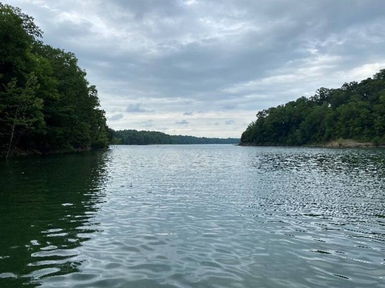 A beautiful but overcast day looking out from a fishing dock at Mill Springs Mill Recreation Area in Monticello, Kentucky.