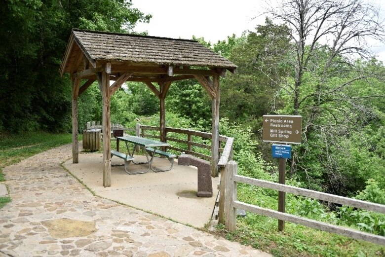 A picnic area overlooks the Mill Springs Mill Recreation Area in Monticello, Kentucky.