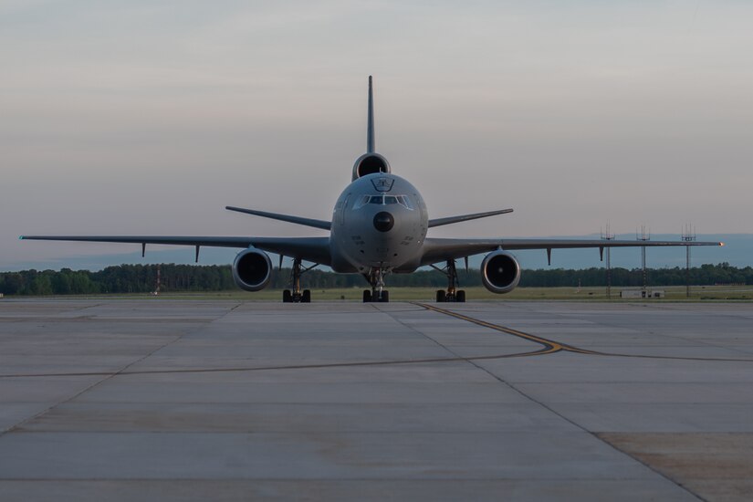A KC-10 Extender assigned to the 305th Air Mobility Wing returns from the U.S. European Command at Joint Base McGuire-Dix-Lakehurst, New Jersey, May 25, 2022. The return marks an end to EUCOM aerial refueling support for KC-10 Extenders assigned to the 305th AMW.