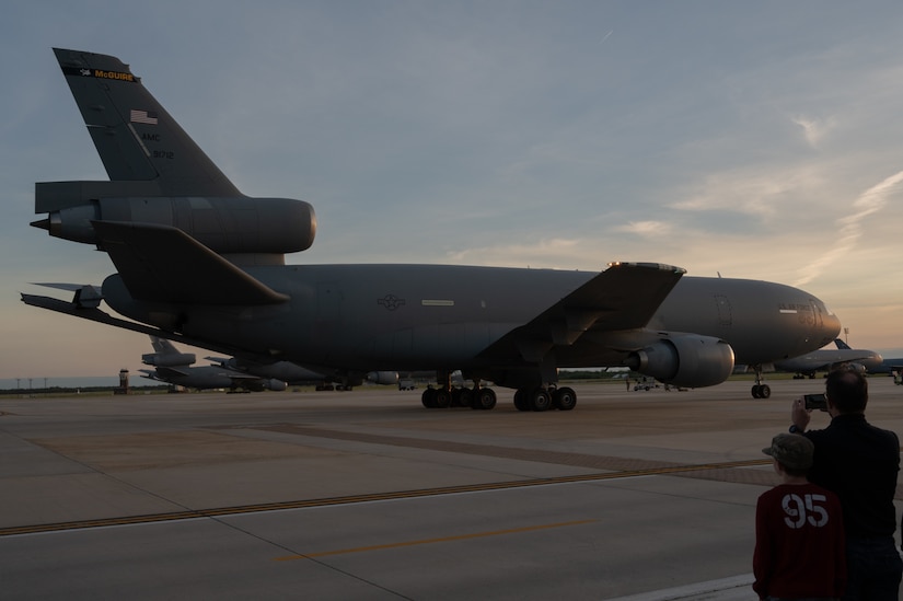 A KC-10 Extender assigned to the 305th Air Mobility Wing returns from the U.S. European Command at Joint Base McGuire-Dix-Lakehurst, New Jersey, May 25, 2022. The return marks an end to EUCOM aerial refueling support for KC-10 Extenders assigned to the 305th AMW.