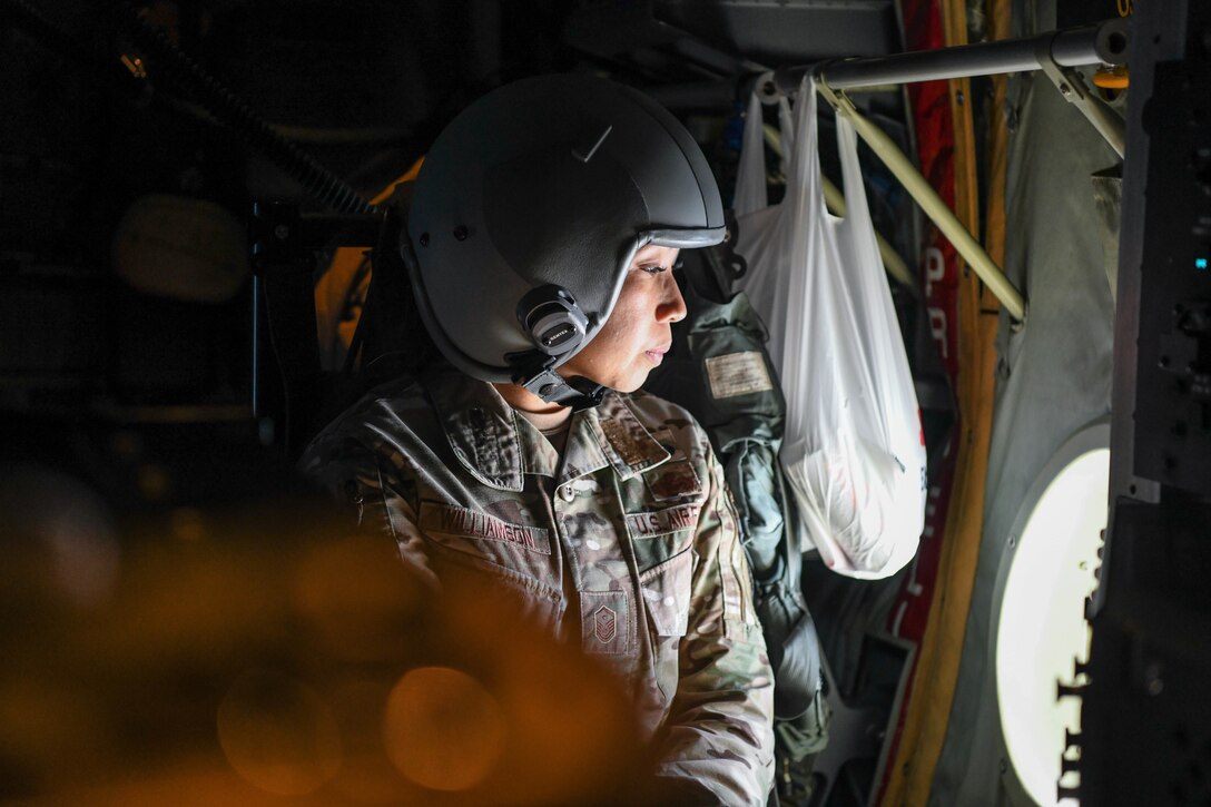 U.S. Air Force Senior Master Sgt. Daisy Salas Williamson, 21st Medical Group first sergeant is of both Filipino and Chamorro heritage. She carries her cultures from the Philippines and Guam into her service as a leader within the 21st MDG at Peterson Space Force Base, Colorado. Williamson — pictured above on April 19, 2021, aboard an AC-130 J at Kadena Air Base, Okinawa, Japan, — not only values her cultural heritage, but also the example of her parents.