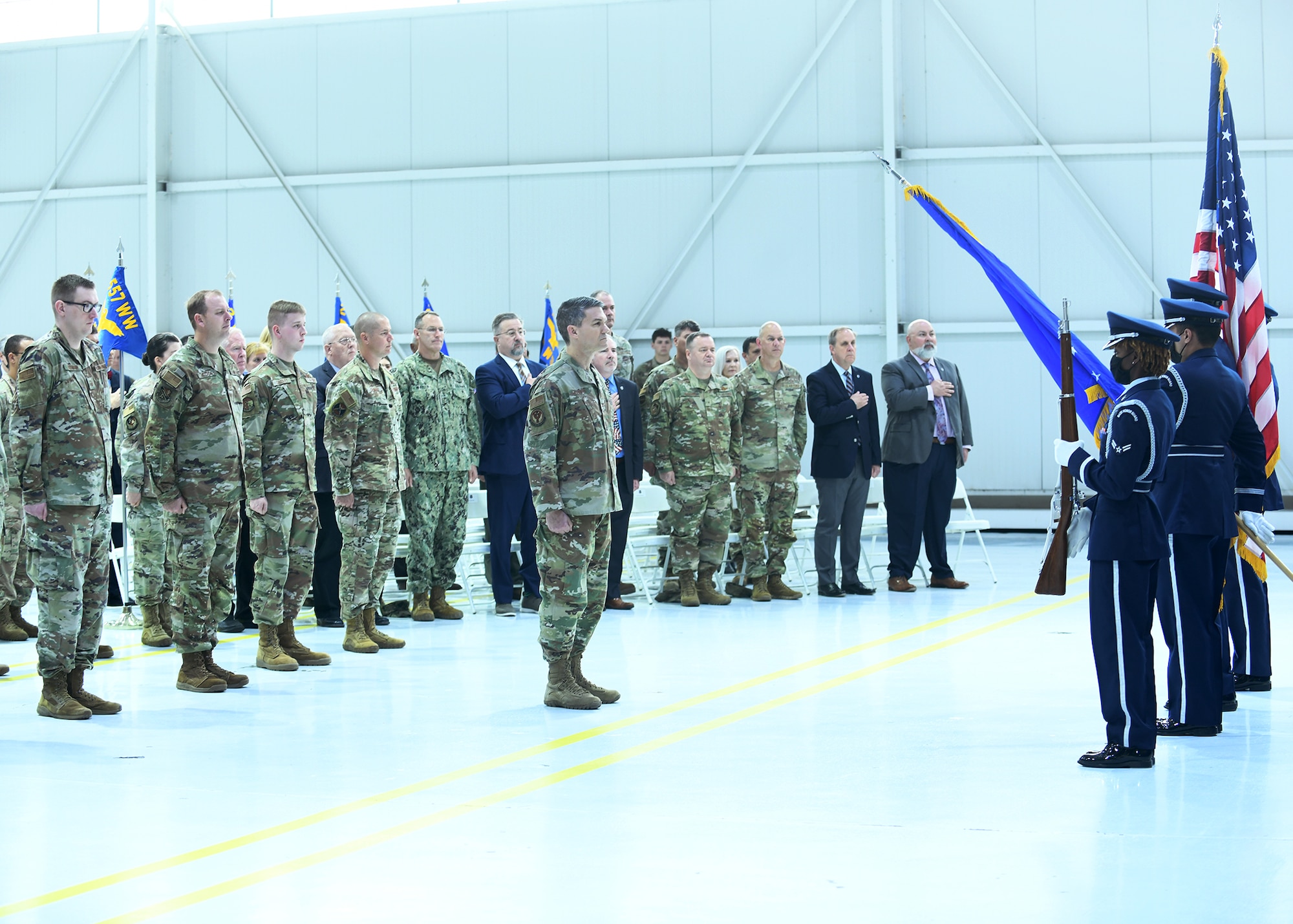 The colors are being presented at the 557th Weather Wing Change of Command ceremony on May 24, 2022 in hangar six on Offutt AFB.