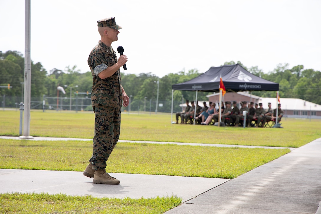 Marine Forces Special Operations Command hosts a change of command ceremony, at Camp Lejeune, N.C., May 23, 2022. The change of command ceremony represents the transition of command and responsibility of MARSOC from Maj. Gen. James F. Glynn to Maj. Gen. Matthew G. Trollinger. (U.S. Marine Corps photo by Gunnery Sgt. Tia Nagle)