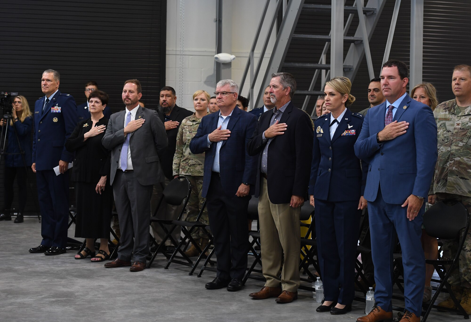 Keesler leadership and Mississippi state and local government officials attend the Division Street Gate Ribbon Cutting Ceremony inside the Commercial Vehicle Inspection Building at Keesler Air Force Base, Mississippi, May 26, 2022. After approximately two years of construction, Keesler's new main gate marks the completion of a multi-sourced and multi-funded project which will enhance force protection and anti-terrorism measures. Keesler partnered with the city of Biloxi, along with state and federal planners, to align the primary entrance at Division Street. (U.S. Air Force photo by Kemberly Groue)