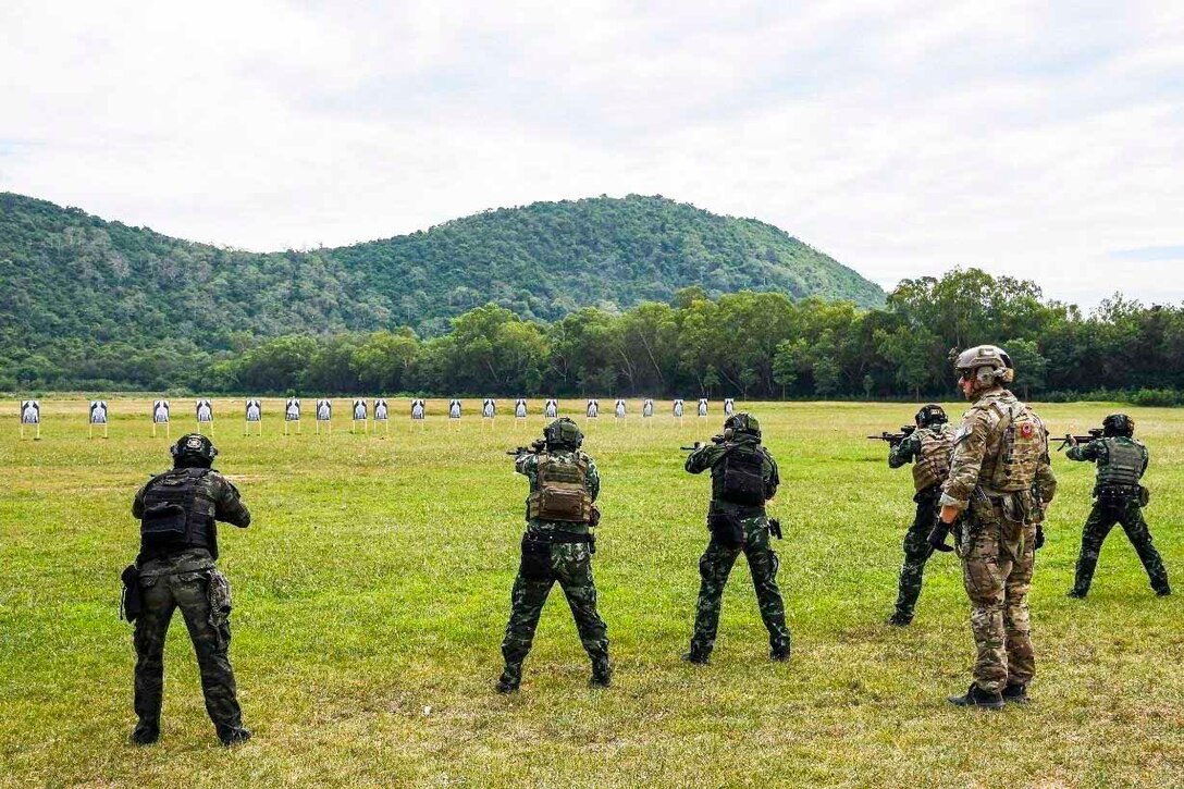 Soldiers fire at targets in a grassy field.