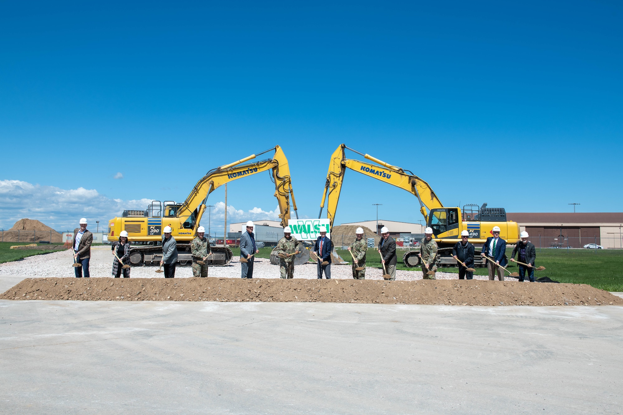 Gen. Anthony Cotton, Air Force Global Strike Command commander, stands with base and civic leaders at the B-21 Groundbreaking ceremony on Ellsworth Air Force Base, S.D., May 25, 2022.