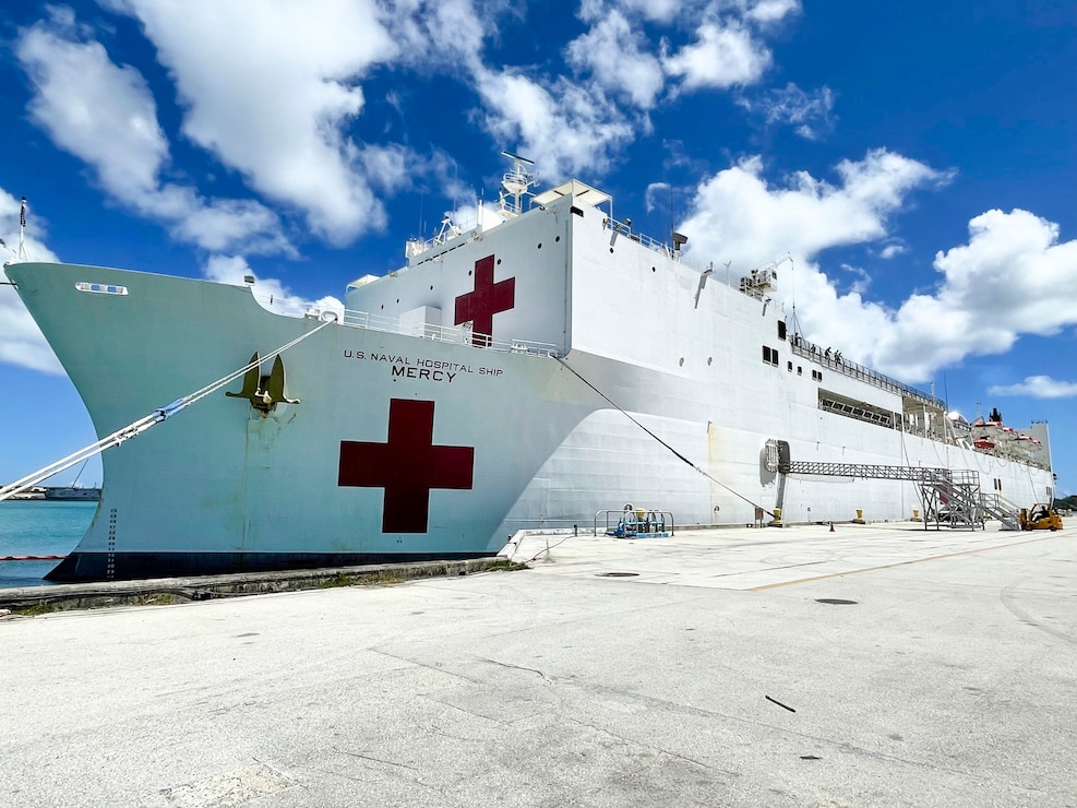 NAVAL BASE GUAM (May 26, 2022) - The hospital ship USNS Mercy (T-AH 19)
arrived at U.S. Naval Base Guam (NBG) while en route for Pacific Partnership
2022. Pacific Partnership, now in its 17th year, is the largest
annual multinational humanitarian assistance and disaster relief
preparedness mission conducted in the Indo-Pacific region.