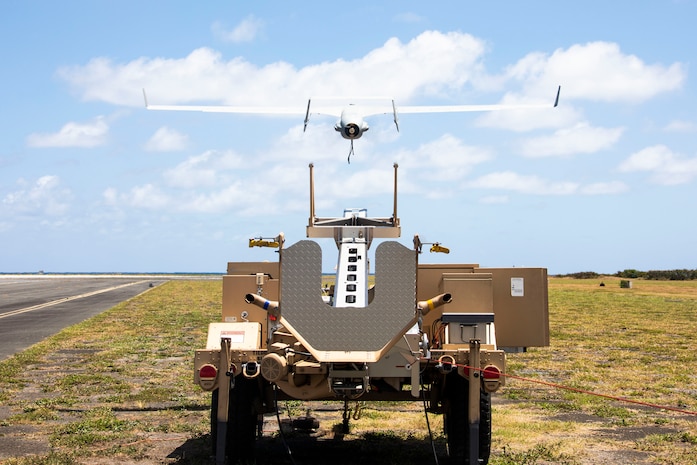 An unmanned aircraft system, the RQ-21A “Blackjack,” assigned to Unmanned Aerial Vehicle Squadron 3, launches during its final flight, Landing Zone Westfield, Marine Corps Air Station Kaneohe Bay, Marine Corps Base Hawaii, May 24, 2022. U.S. Marines with VMU-3 conducted the RQ-21A “Blackjack” final flight to recognize its four years of support to INDOPACOM, as VMU-3 transitions to the MQ-9A “Reaper.” (U.S. Marine Corps photo by Cpl. Samantha Sanchez)