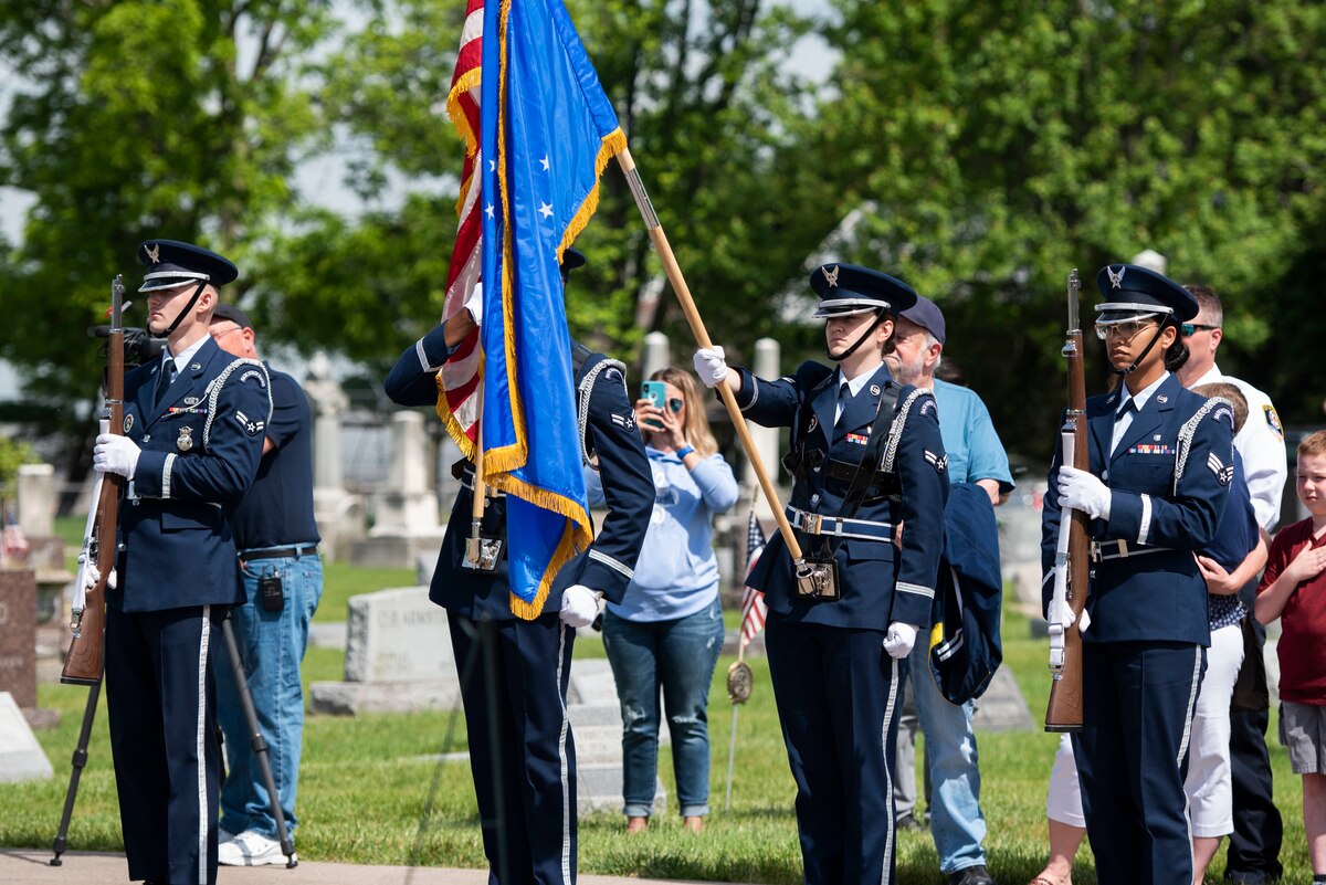 Wright-Patterson Air Force Base Honor Guard members present the colors during a Memorial Day ceremony in Fairborn, Ohio, May 31, 2021. Established in 1971, Memorial Day honors the men and women who have died while on duty with the U.S. military.