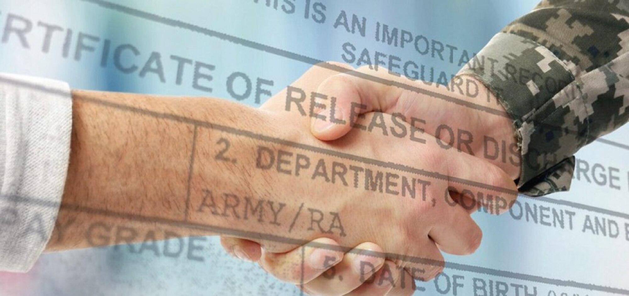 Two hands are clasped in a handshake. A portion of the DD-214 is visible.