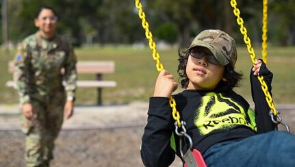 U.S. Air Force Airman 1st Class Rocio Romo, public affairs specialist at Space Launch Delta 30, spends quality time with her son at Cocheo Park on Vandenberg Space Force Base, California. We celebrate Month of the Military Child in April to celebrate military children whose parents serve the United States. (Photo: U.S. Space Force Airman 1st Class Kadielle Shaw)