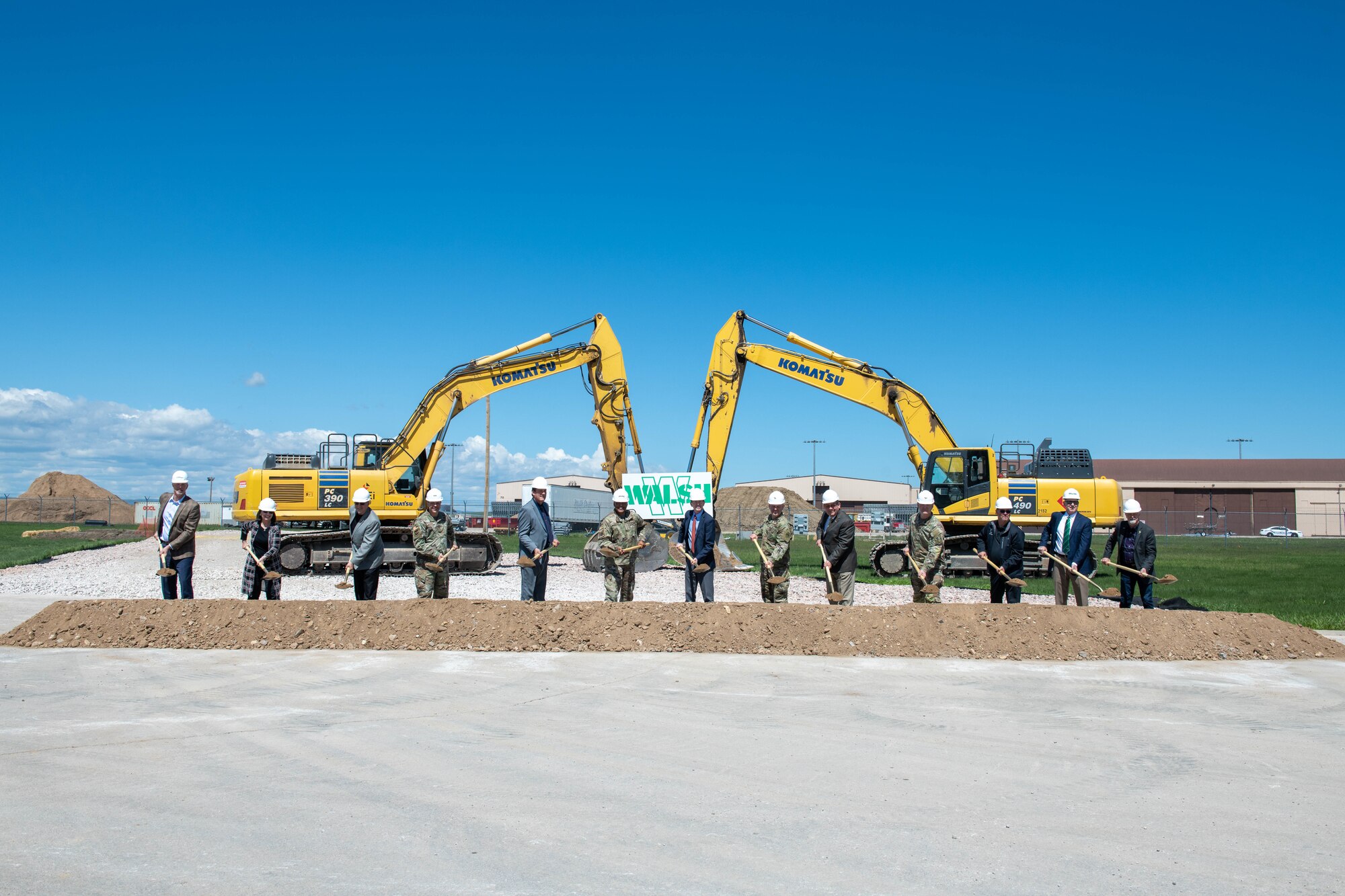 Gen. Anthony Cotton, Air Force Global Strike Command commander, stands with base and civic leaders at the B-21 Groundbreaking ceremony on Ellsworth Air Force Base, S.D., May 25, 2022.