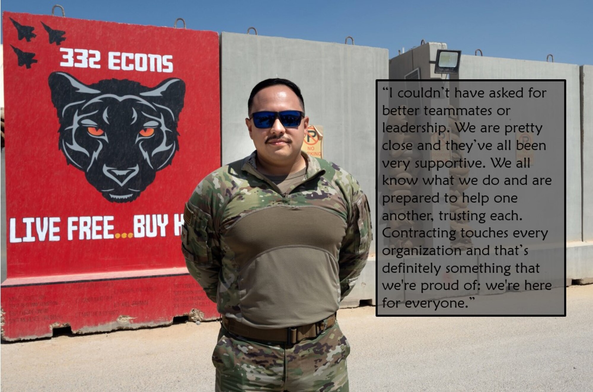 The 332d Air Expeditionary Wing's Warrior of the Week for the week of May 23, is Staff Sgt. Elias Campos, Expeditionary Contracting Squadron contingency contracting officer. Warrior of the Week is a competitive recognition program that highlights significant contributions made by individual Airmen who raise the Red Tail standard and enhance the mission and capabilities of the 332d Air Expeditionary Wing. (U.S. Air Force photo illustration by Tech. Sgt. Lauren M. Snyder)