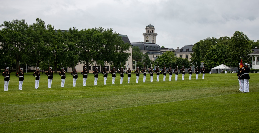 Marines with the Silent Drill Platoon execute their “long line” sequence during a performance at the Naval Academy Commissioning Week in Annapolis, Md., May 24, 2022. Congratulations to midshipmen who will graduate with the Class of 2022 and serve as commissioned officers in the U.S. Navy or U.S. Marine Corps. (U.S. Marine Corps photo by Cpl. Morales)