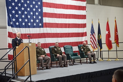 Brig. Gen. David Manfredi, director of joint staff for the Vermont National Guard, speaks during his retirement ceremony May 26, 2022, at Camp Johnson, Vermont. General Manfredi retired May 26 after more than 30 years of service, including assignments as commander of the 124th Regiment (Regional Training Institute) and commander of the 3-172nd Infantry (Mountain). He deployed to Afghanistan twice in support of Operation Enduring Freedom. (U.S. Army National Guard photo by 1st Lt. Nathan Rivard)