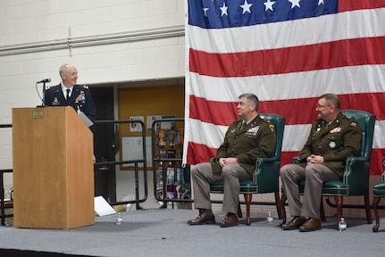 Brig. Gen. David Manfredi, director of joint staff for the Vermont National Guard, speaks during his retirement ceremony May 26, 2022, at Camp Johnson, Vermont. General Manfredi retired May 26 after more than 30 years of service, including assignments as commander of the 124th Regiment (Regional Training Institute) and commander of the 3-172nd Infantry (Mountain). He deployed to Afghanistan twice in support of Operation Enduring Freedom. (U.S. Army National Guard photo by 1st Lt. Nathan Rivard)