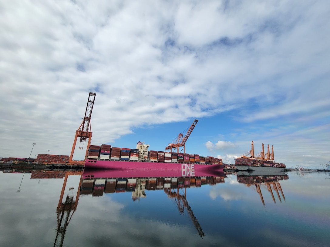 Ships sit on the Blair Waterway at Tacoma Harbor.