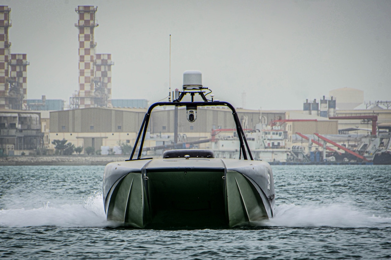 Unmanned boat operates autonomously in Bahrain harbor.