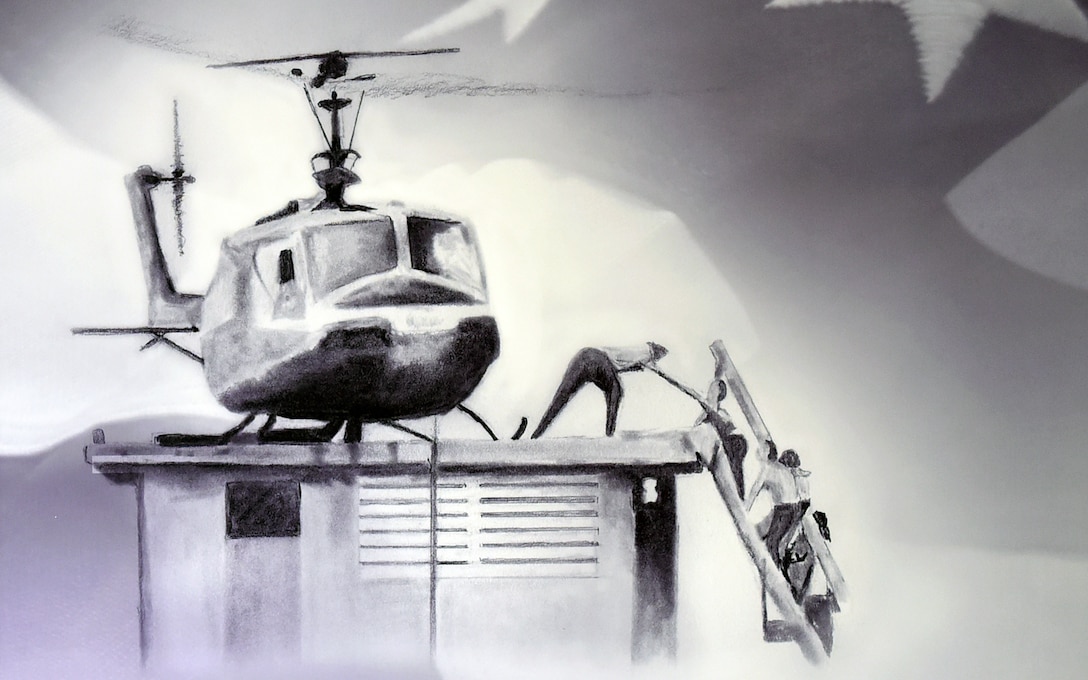 Image of a drawn helicopter with a person trying to help others up to it.