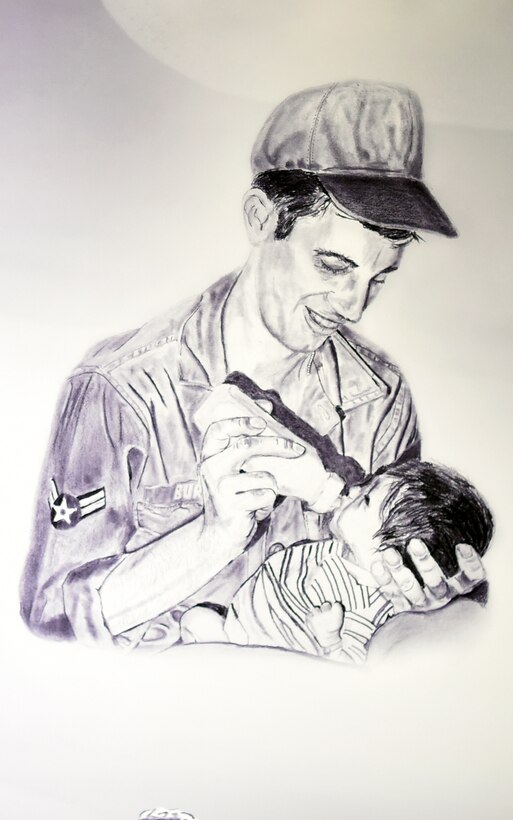 Image of a drawing. A man feeding a baby he is holding.